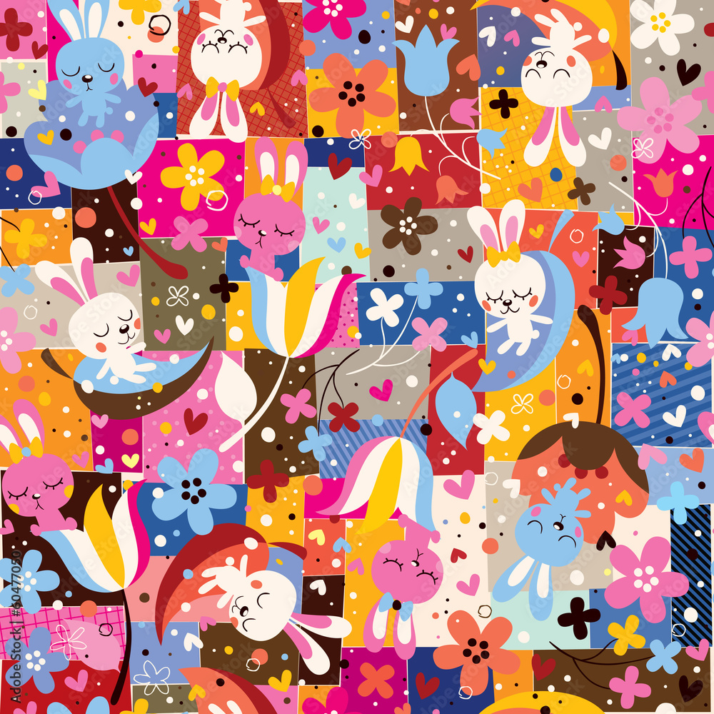 cute bunnies & flowers collage nature pattern
