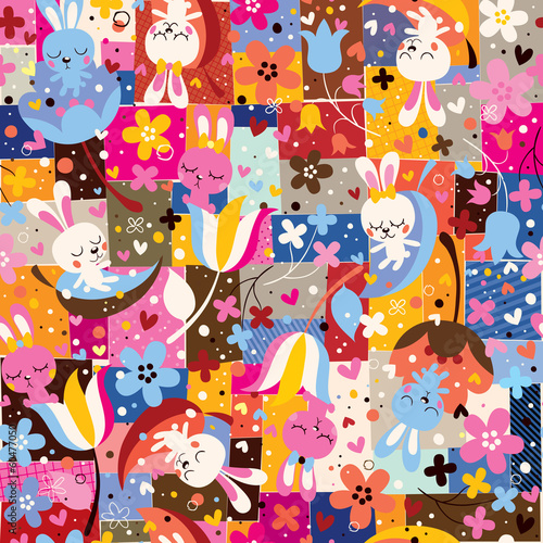 cute bunnies   flowers collage nature pattern