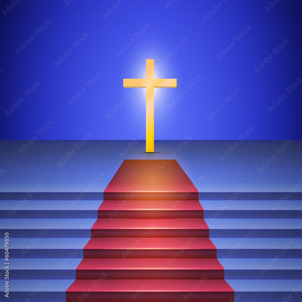 Stairway with red carpet leads to cross standing on stage. Stairway with red carpet leads to cross standing on stage.