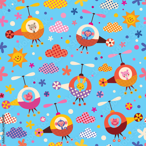 cute animals in helicopters kids pattern