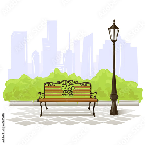bench and streetlight on city background