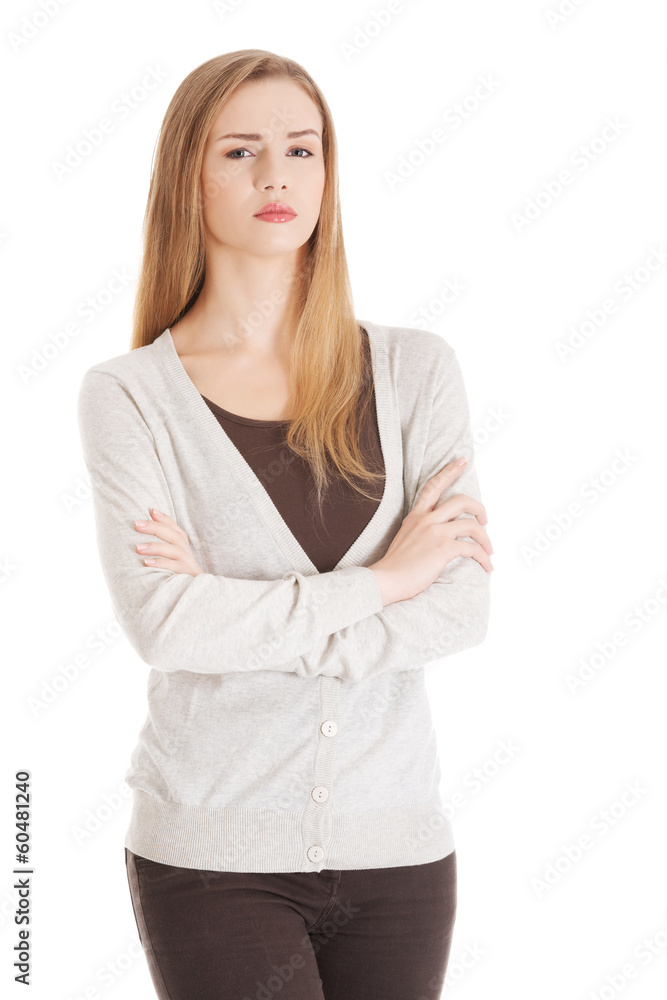 Portrait of beautiful casual serious woman. Portrait of beautiful casual serious woman.