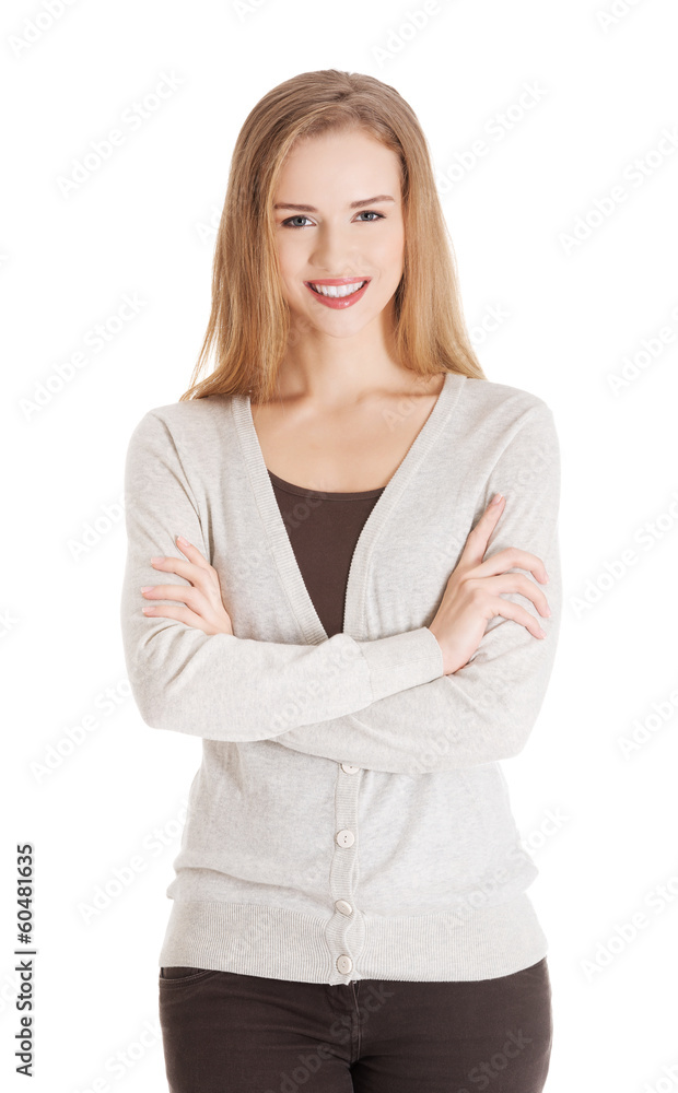 Beautiful casual smiling woman with crossed hands. Beautiful casual smiling woman with crossed hands.