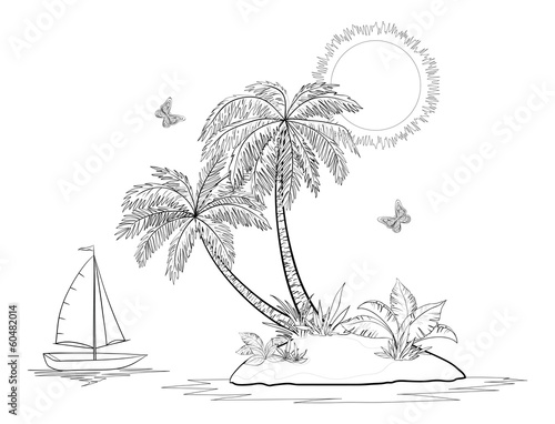 Island with palm and ship contours