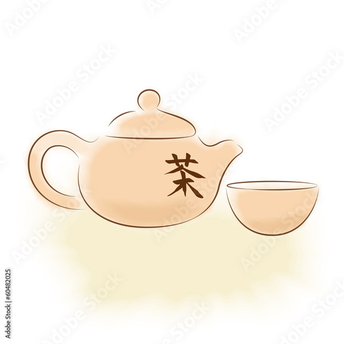 Traditional oriental teapot with Chinese hieroglyph "tea"