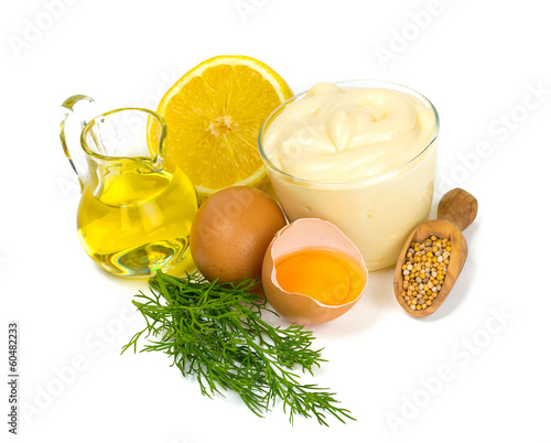 Mayonnaise ingredients isolated on white background