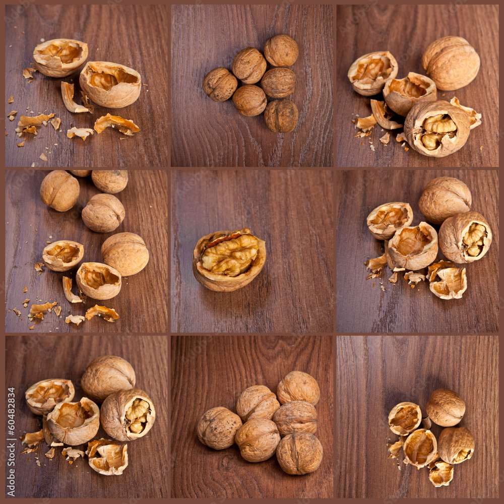 collage walnuts on a wooden background collage walnuts on a wooden background