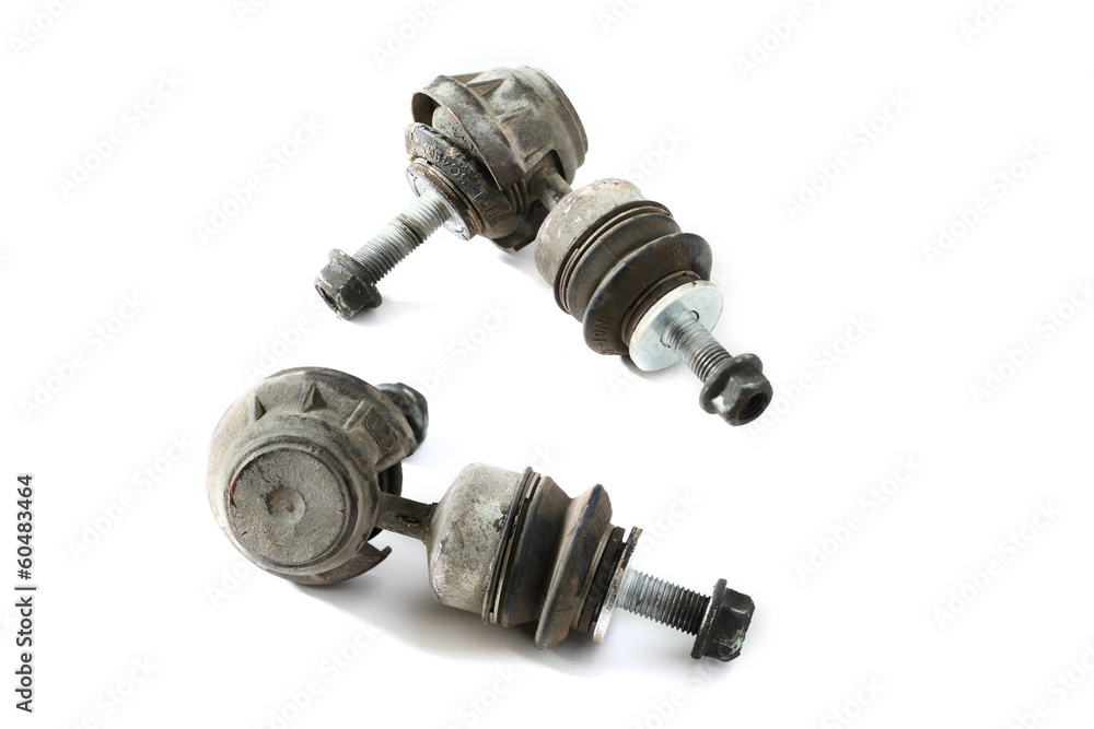 Pair worthless worn stabilizer links isolated on white backgroun Pair worthless worn stabilizer links isolated on white backgroun