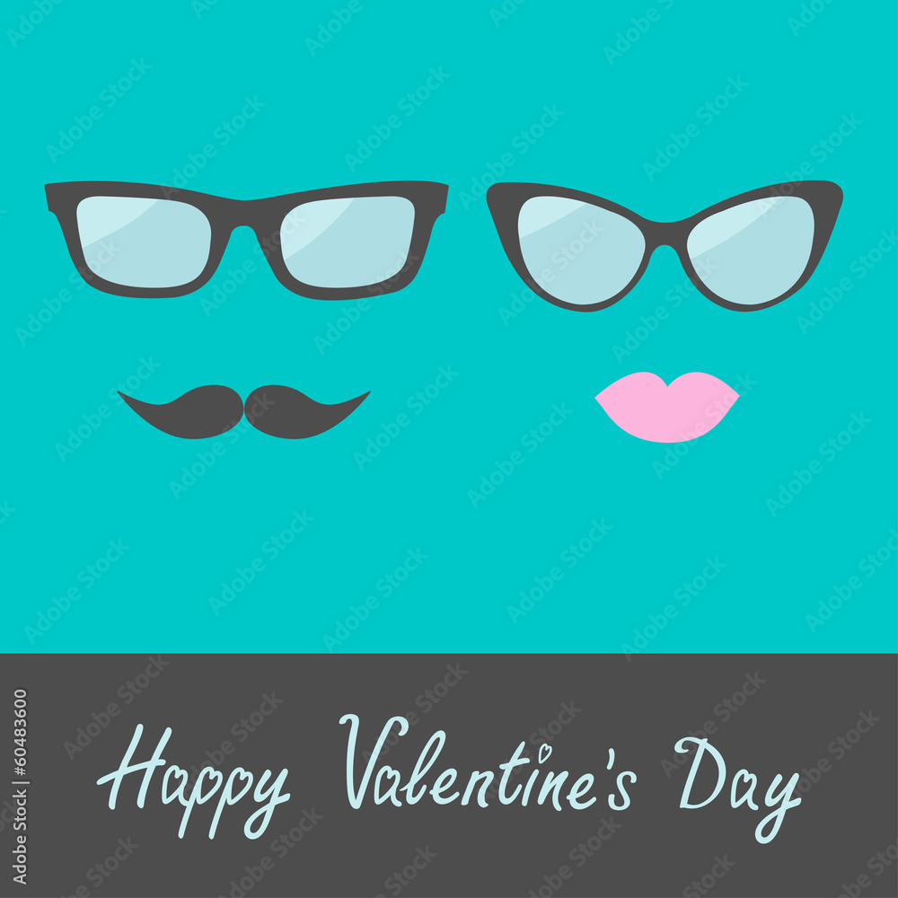 Glasses with lips and moustache. Flat design. Happy Valentines D