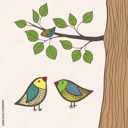 Greeting card with three birds, in vector