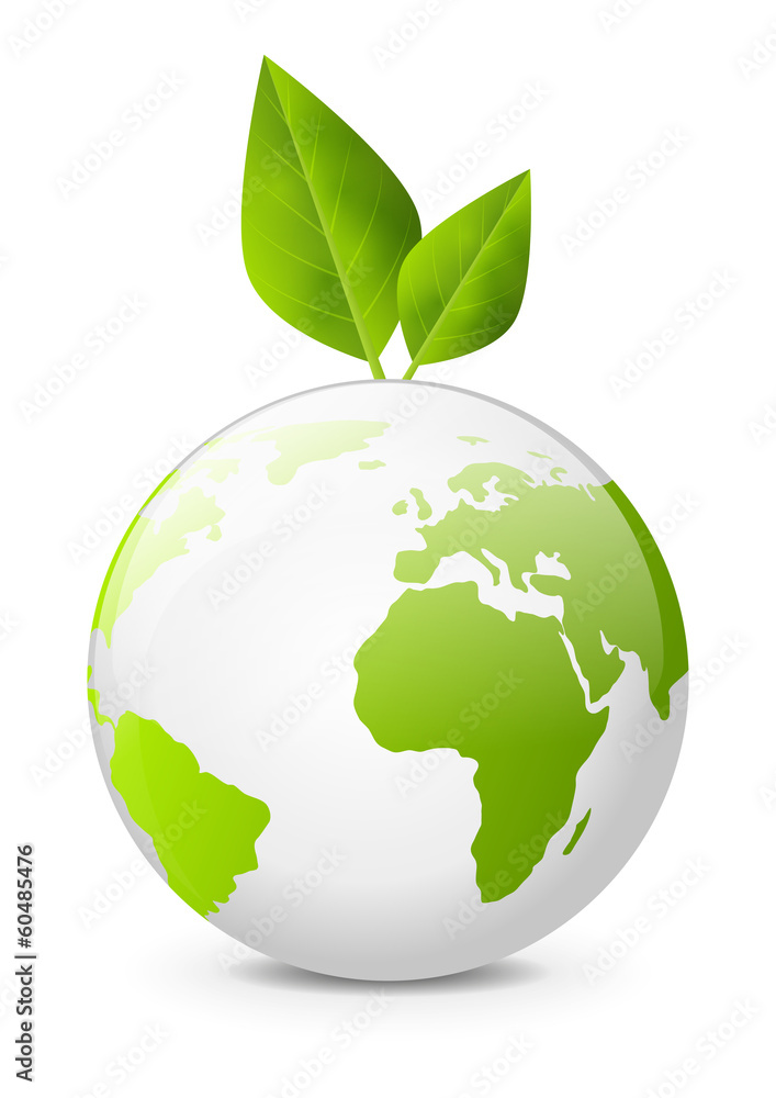 Earth globe with green leaves