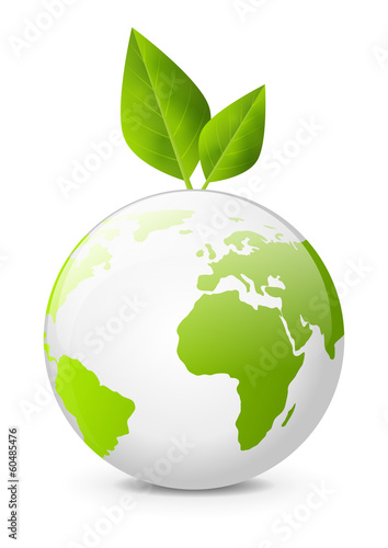 Earth globe with green leaves