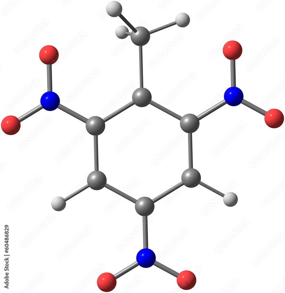 Trinitrotoluene molecular structure on white background Trinitrotoluene molecular structure on white background
