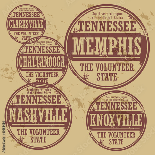 Grunge rubber stamp set with names of Tennessee cities