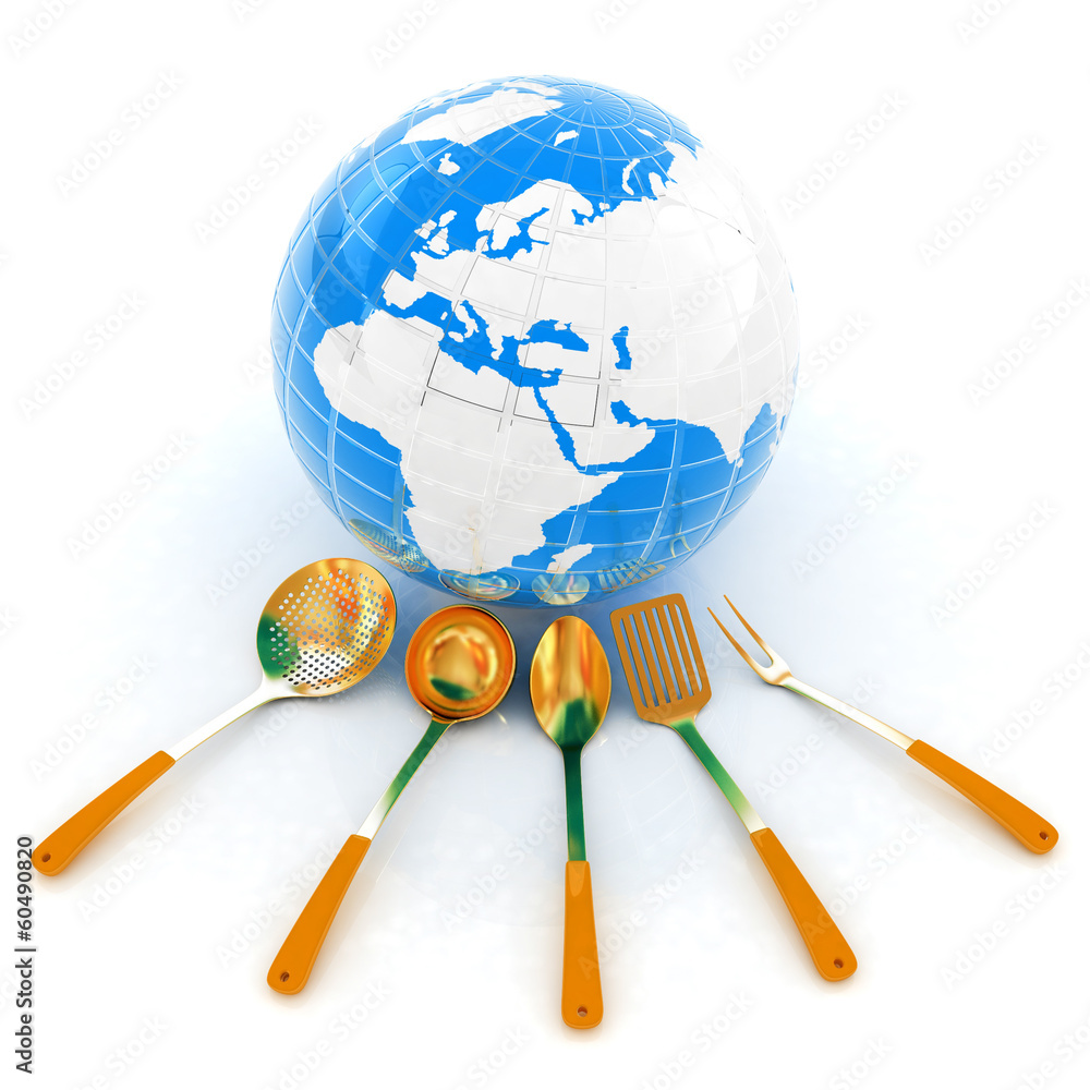cutlery on white background around Earth cutlery on white background around Earth