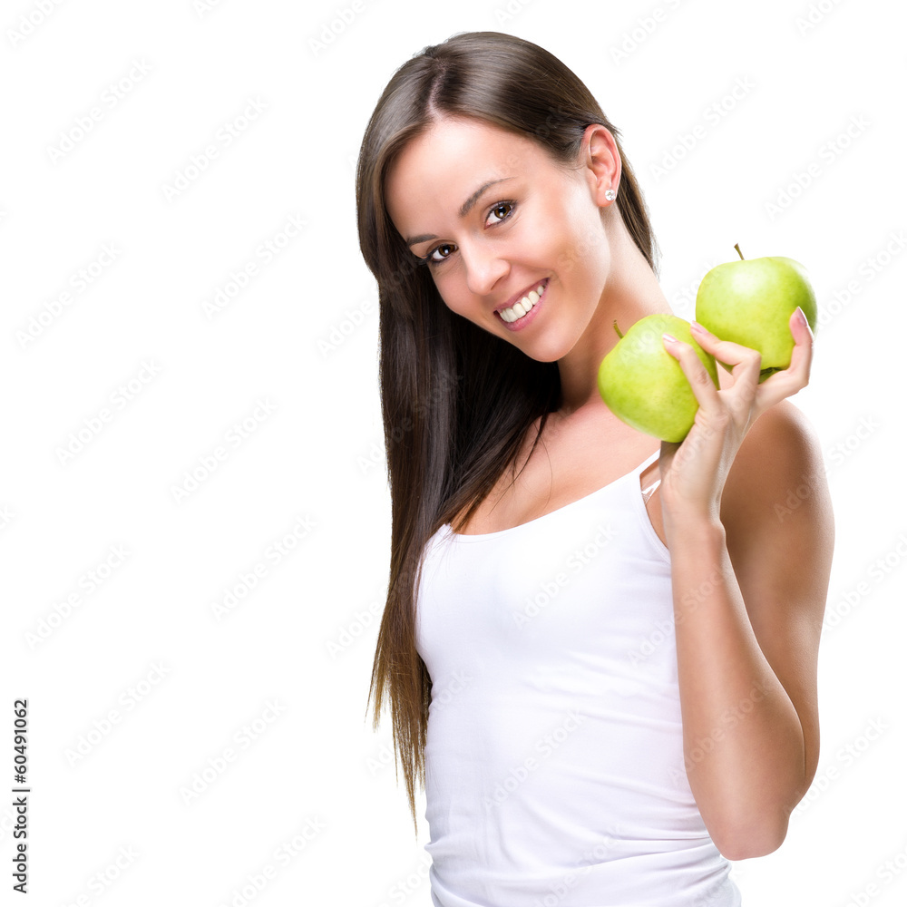 Healthy lifestyle - Beautiful, natural woman holds an two apple Healthy lifestyle - Beautiful, natural woman holds an two apple