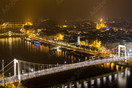 Budapest, night panorama on Danube with Elizabeth Bridge
