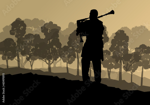 Scottish bagpiper silhouette landscape vector background concept