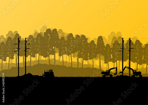 Electricity high power voltage line with construction engineers