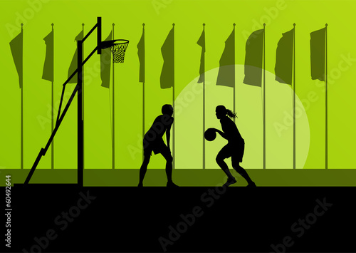 Woman basketball player landscape vector background concept with