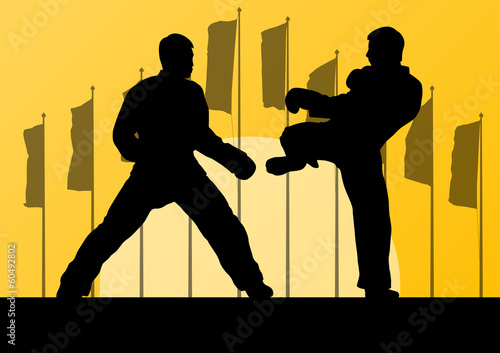 Active taekwondo martial arts fighters combat fighting and kicki