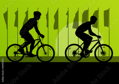 Sport road bike riders and bicycles detailed silhouettes in fron