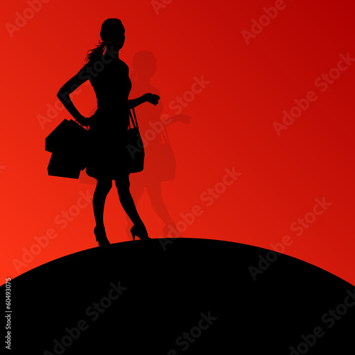 Active woman with shopping bags silhouette vector background abs