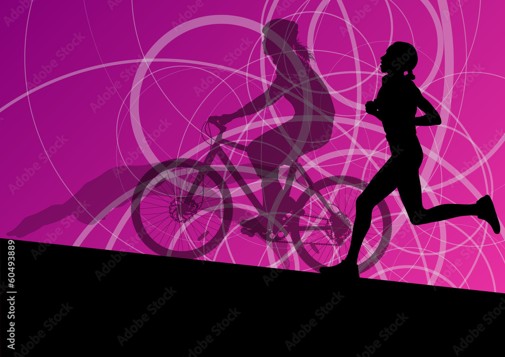 Triathlon marathon active young women swimming cycling and runni