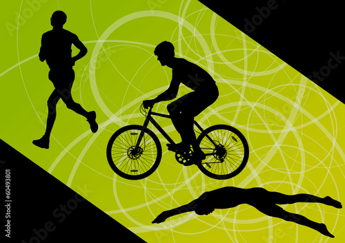 Triathlon marathon active young men swimming cycling and running