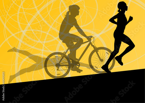 Triathlon marathon active young women swimming cycling and runni