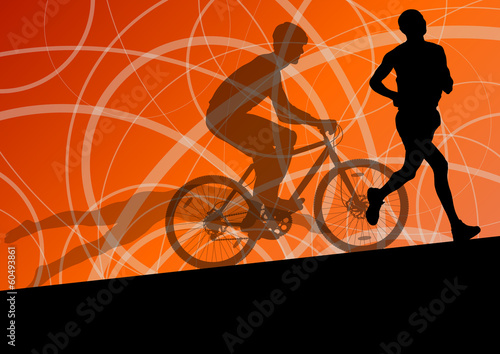 Triathlon marathon active young men swimming cycling and running