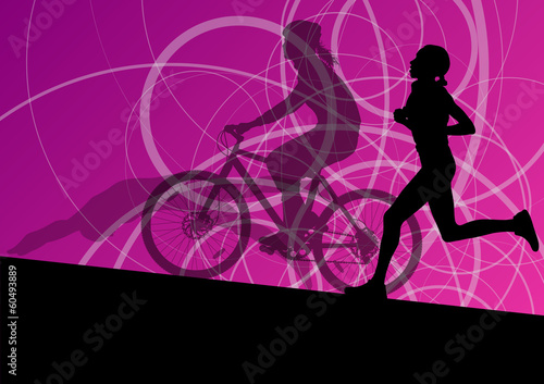 Triathlon marathon active young women swimming cycling and runni