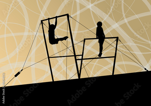 Active children sport silhouettes on uneven bars vector abstract