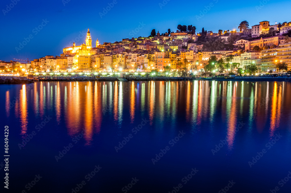 Night skyline of colorful village Menton in Provence
