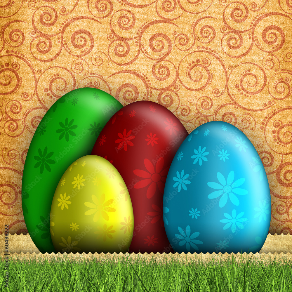 Happy Easter card - colored eggs on patterned background