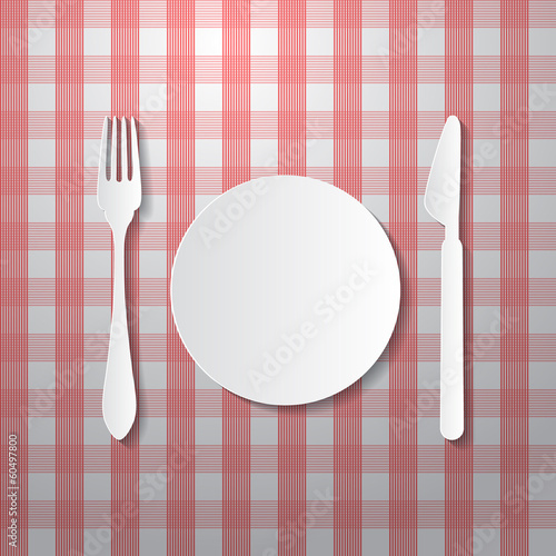 Fork, Plate and Knife Made from Paper on Tablecloth