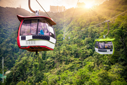 Aerial tramway moving up in tropical jungle mountains