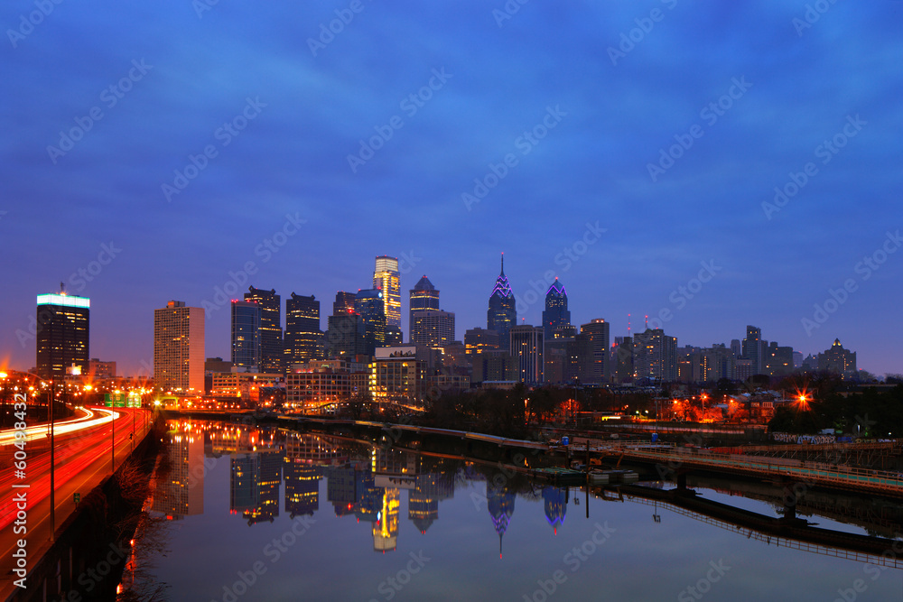 A dusk image of Philadelphia reflected in the Scullykill River