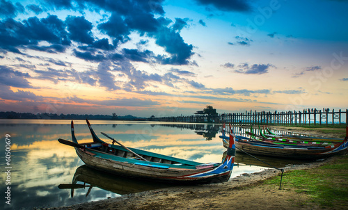 фотография .Colorful old boats on a lake in Myanmar