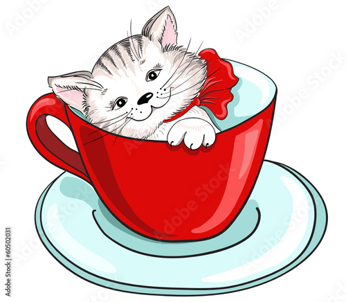 Cartoon kitten sitting inside large cup