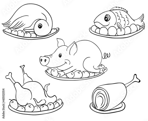 Various meat products in black and white, isolated on white