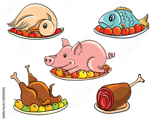 Various meat products isolated on white