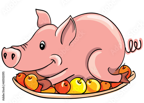 Cartoon fried pig on a plate