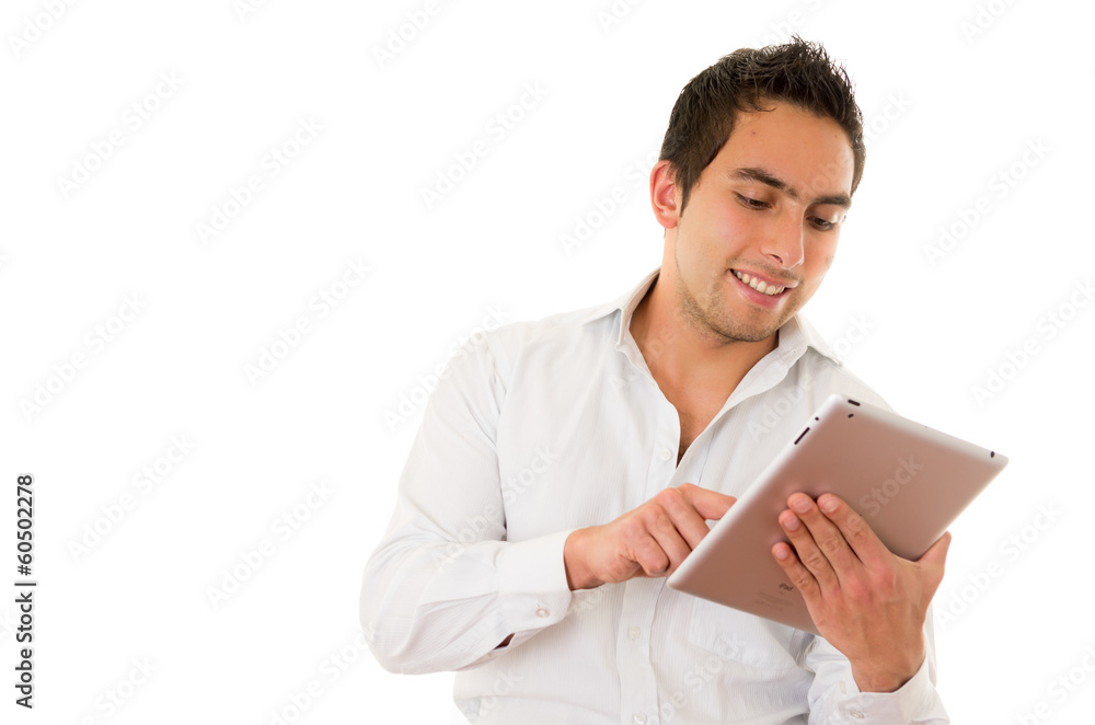hispanic Man Using Digital Tablet Isolated On White Background hispanic Man Using Digital Tablet Isolated On White Background