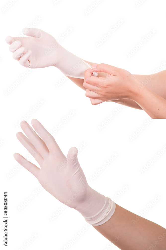 The doctor wears sterile latex gloves.