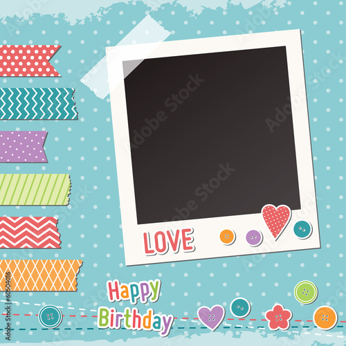 Vintage scrapbook elements, washi tape strips, photoframe
