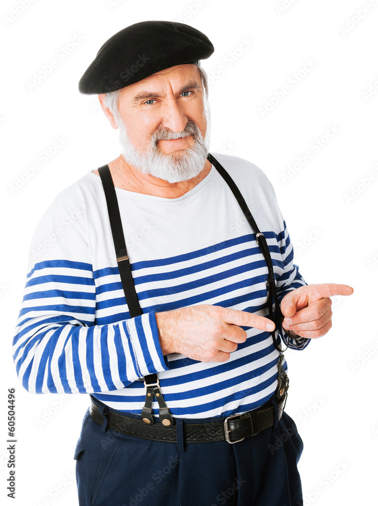 Handsome funny old guy pointing at product Handsome funny old guy pointing at product