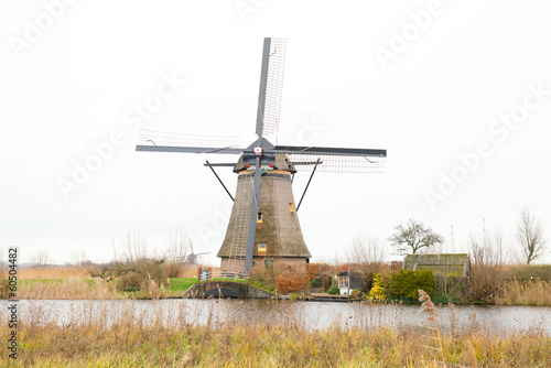 Traditional Dutch windmill in winter Kinderdijk. Netherlands.
