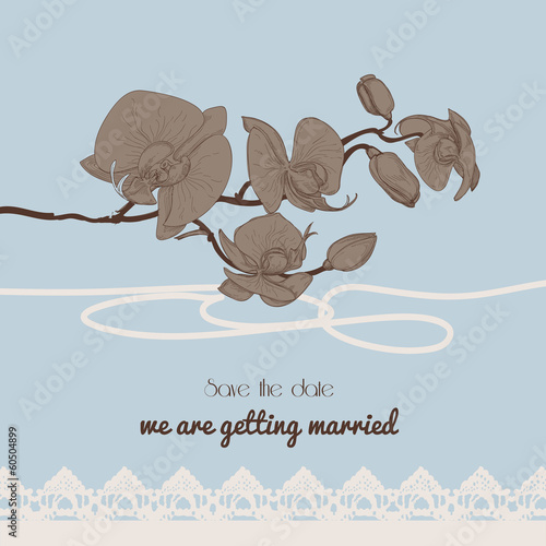 Vintage style wedding invitation, orchid twig and old-fashioned
