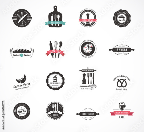 Set of vintage restaurant and food badges, labels